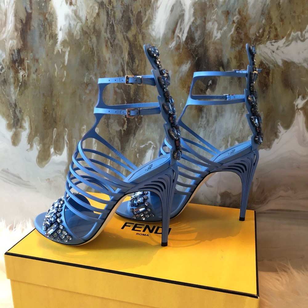 Fendi Blue Crocodile Crystal Embellished Sandals 9 - Picture 6 of 9